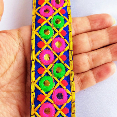 Blue Cotton Fabric Mirrored Trim With Embroidery In Fuchsia Pink, Green, Red & Yellow Threads